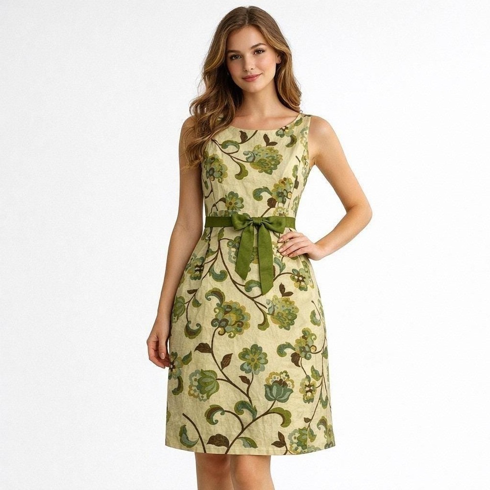 Vintage Floral Sleeveless Midi Dress Grn Beige Garden Party FitFlare Bow Waist 4